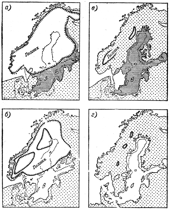 Схема главных этапов послеледниковой эволюции Балтийского моря (по Демелю)